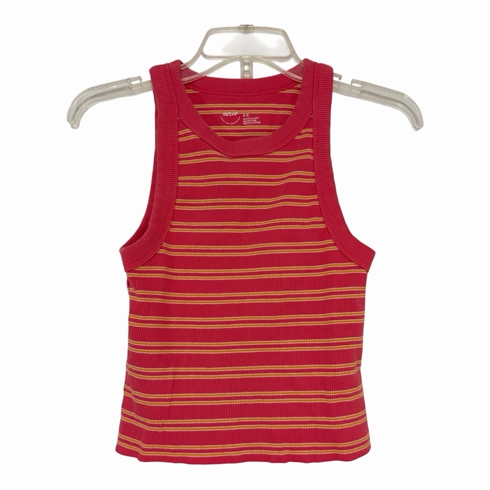 Aerie Pink Orange White Striped Ribbed Knit Tank Top Medium Stretch Slim Fit